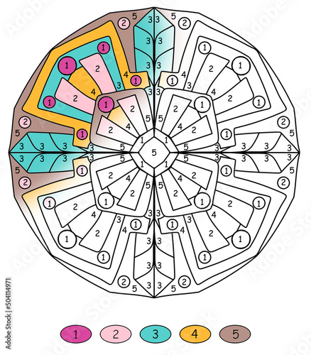 geometric mandala coloring by numbers, with flowers in blue and light brown colors, coloring book pages