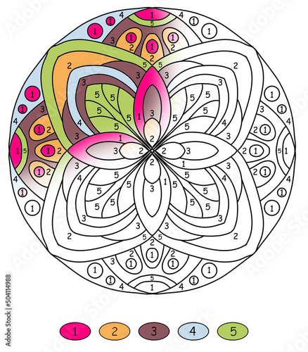 folk style mandala for coloring by numbers, with flowers in light blue and dark brown colors, coloring book pages