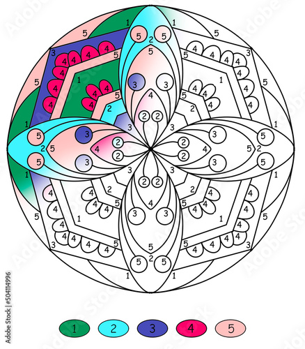 folk style mandala for coloring by numbers, with abstract plants in green and light blue colors, coloring book pages