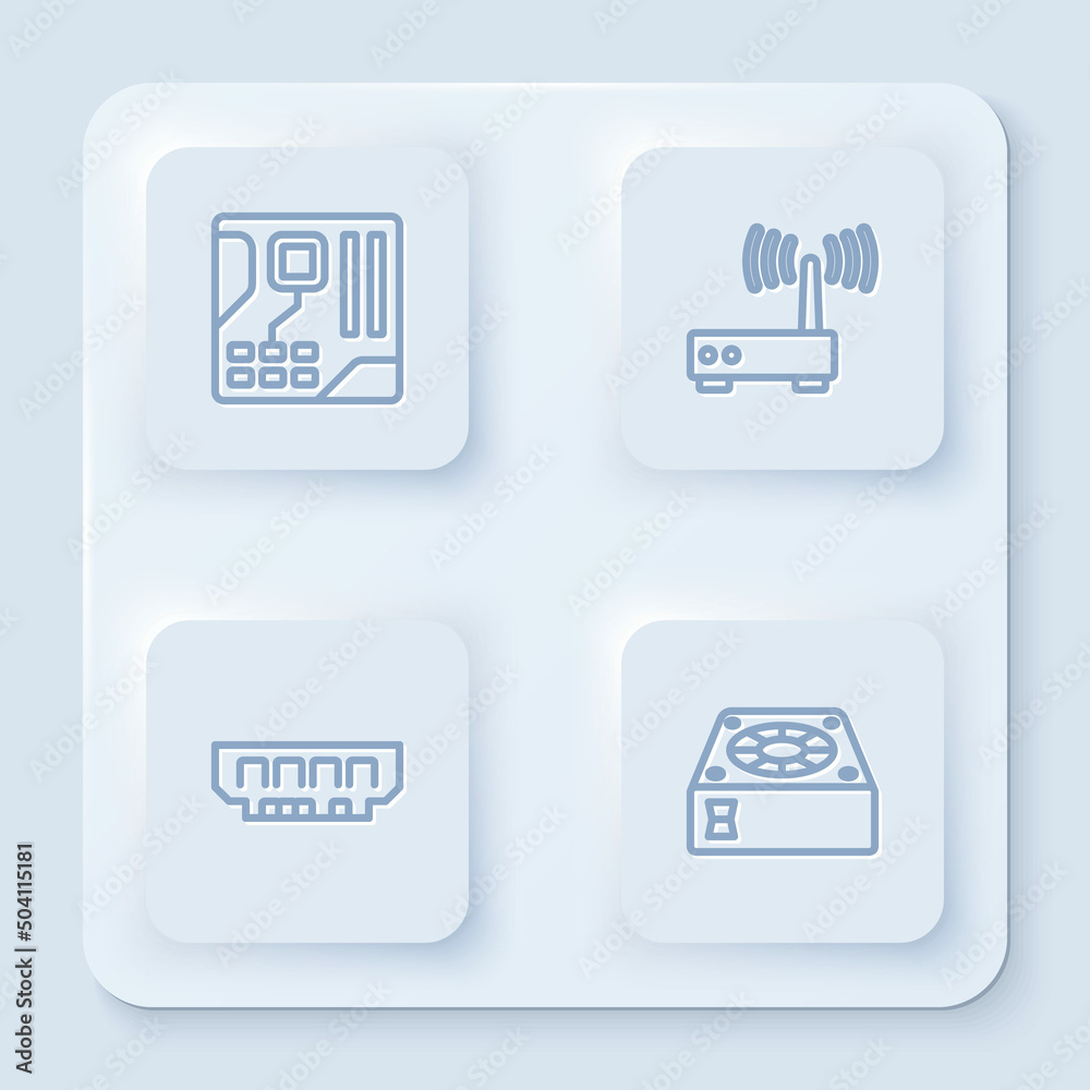Set line Motherboard digital chip, Router and wi-fi signal, RAM, random access memory and Computer cooler. White square button. Vector Set line Motherboard digital chip, Router and wi-fi signal, RAM, random access memory and Computer cooler. White square button. Vector