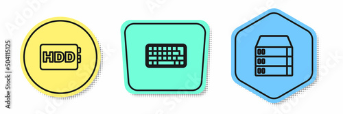 Set line Hard disk drive HDD, Keyboard and Server, Data, Web Hosting. Colored shapes. Vector