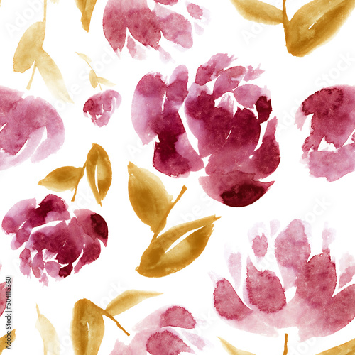 Large scale watercolor floral print in maroon and gold ochre. Seamless botanical fabric and wallpaper pattern.