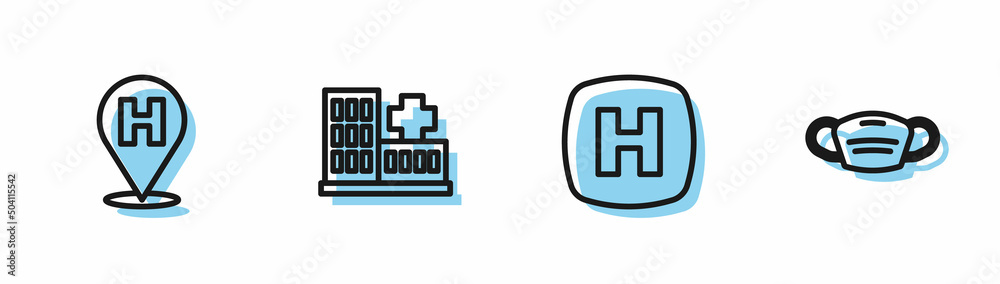 Set line Hospital signboard, Location hospital, building and Medical protective mask icon. Vector Set line Hospital signboard, Location hospital, building and Medical protective mask icon. Vector
