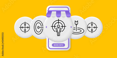 Target set icon. Target, shooting, arrow, sight, bow, weapon, idea. The target audience concept. UI phone app screens with people. Vector line icon for Business and Advertising
