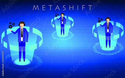 Metashift, Metaverse Customer Service. Hologram customer assistants provide solutions to users on blue futuristic background.