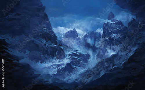 Fantastic Winter Epic Magical Landscape of Mountains. Celtic Medieval forest. Frozen nature. Glacier in the mountains. Mystic Night Valley. Artwork sketch. Gaming background. Book Cover and Poster. 
