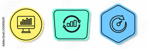 Set line Monitor with graph chart, Graph infographic and Digital speed meter. Colored shapes. Vector