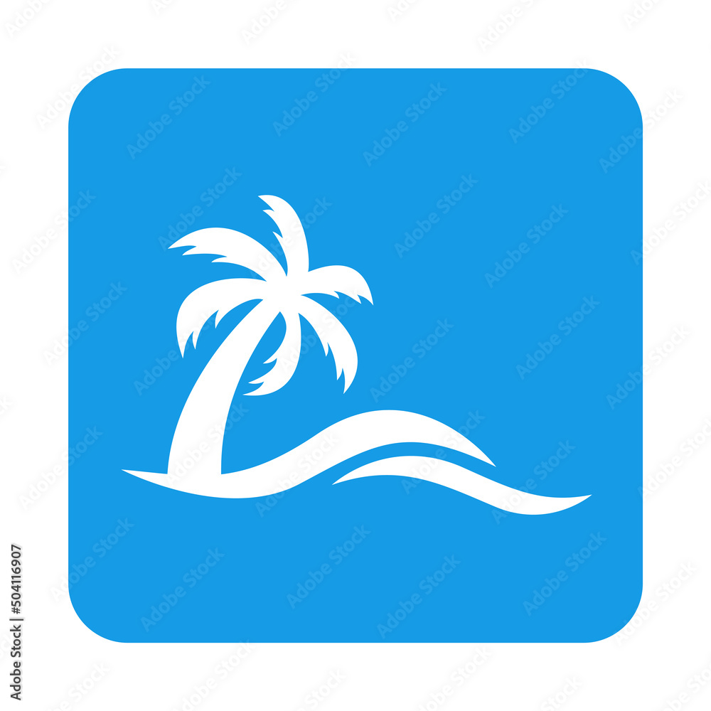 Beach holidays. Destino de vacaciones. Icono plano silueta de la palma con olas en cuadrado color azul