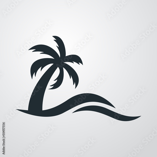 Beach holidays. Logo destino de vacaciones. Icono plano silueta de la palma con olas en fondo gris