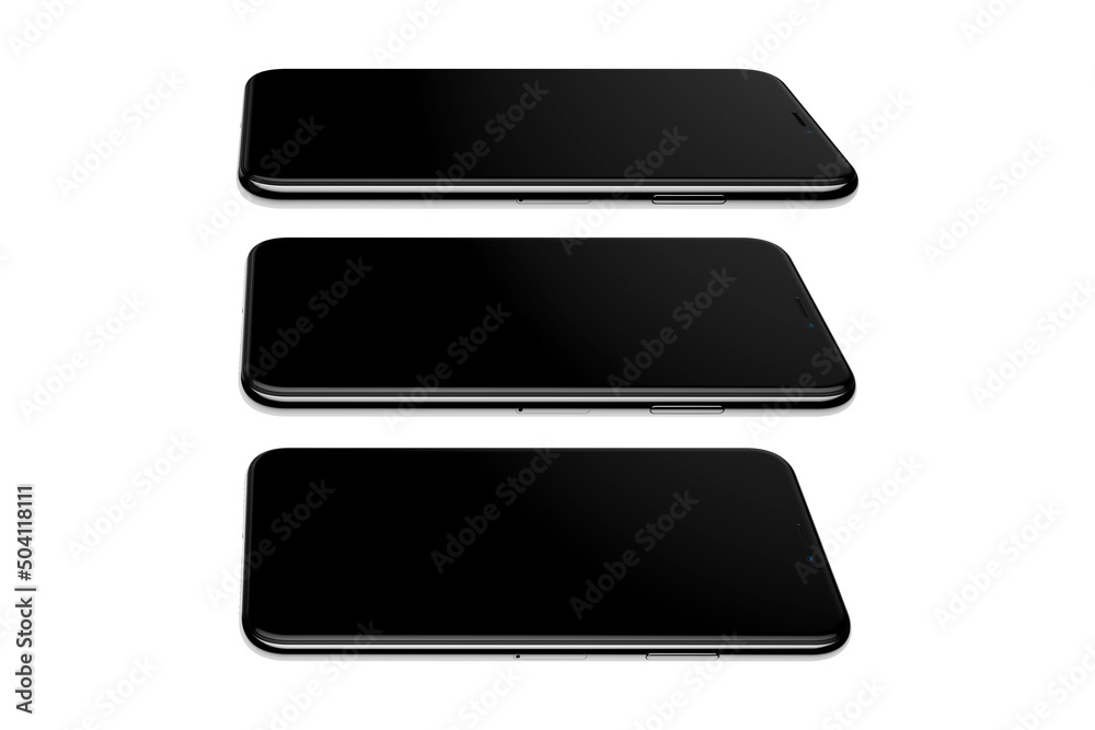 Realistic smartphone mockup. Mobile phone frame with blank display, isolated templates, phone view from different angles. Mobile device concept. top, front and side view. 3d rendering.