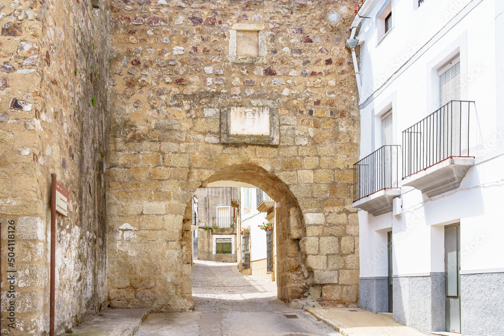 Exterior view of Puerta de la Villa, medieval gate to Alburquerque old town in Extremadura Spain