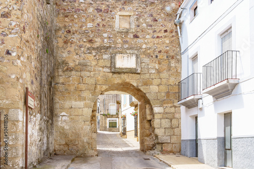 Fototapeta Naklejka Na Ścianę i Meble -  Exterior view of Puerta de la Villa, medieval gate to Alburquerque old town in Extremadura Spain