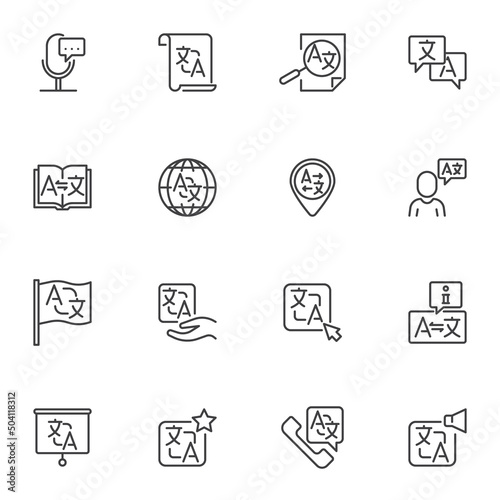 Foreign language translate line icons set