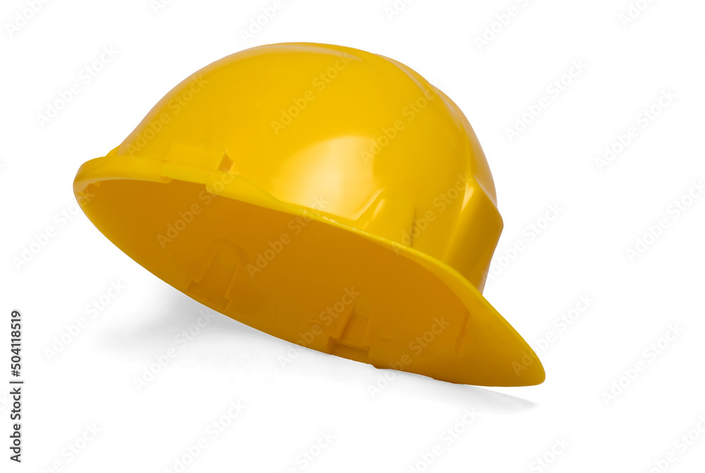 Fototapeta premium closeup head yellow construction hardhat white background