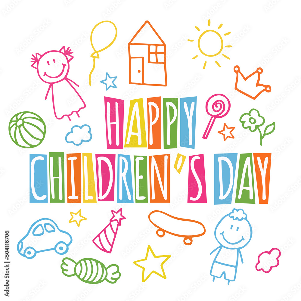 Happy Children's Day. Doodle holiday illustration to the International Children's  Day. Children Art style drawing with colored pencils sketch. Vector logo  with two funny baby. Stock Vector | Adobe Stock
