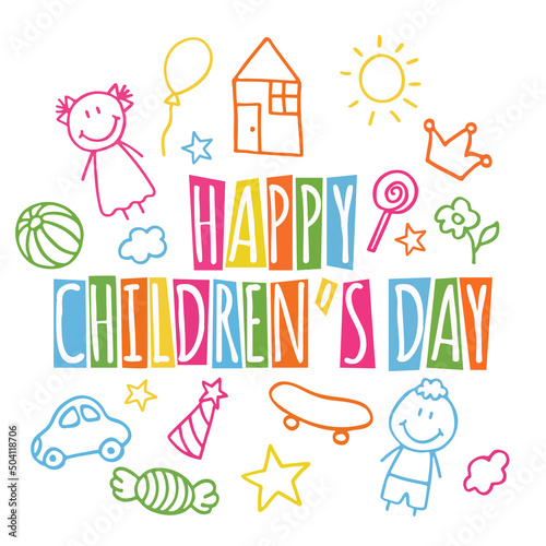 Happy Children's Day. Doodle holiday illustration to the International Children's Day. Children Art style drawing with colored pencils sketch. Vector logo with two funny baby.