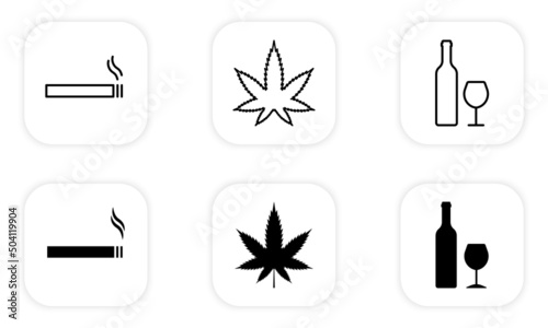 Alcohol, Drug, Smoke Zone Black Line and Silhouette Icon Set. Wine Bottle and Glass, Cannabis, Smoke Cigarette, Drink Alcohol Pictogram. Medical Hemp Flat Symbol. Isolated Vector Illustration