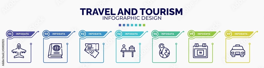 infographic for travel and tourism concept. vector infographic template with icons and 7 option or steps. included plane diagonal, geography text book, airplane flight ticket, check in desk, infographic for travel and tourism concept. vector infographic template with icons and 7 option or steps. included plane diagonal, geography text book, airplane flight ticket, check in desk,