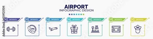 infographic for airport concept. vector infographic template with icons and 7 option or steps. included gym dumbbell, 24 hours phone attention service, aviation, birthday gift, travelling baggage