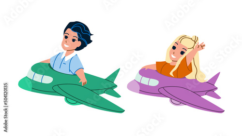 Kids Flying In Airplane Attraction Together Vector. Boy And Girl Fly In Airplane, Children Resting In Amusement Park Or Playground. Characters Leisure Funny Time Flat Cartoon Illustration