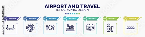 infographic for airport and travel concept. vector infographic template with icons and 7 option or steps. included old fashion glasses, car parts, plate with fork and knife cross, null, vintage