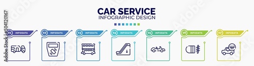 infographic for car service concept. vector infographic template with icons and 7 option or steps. included touristic, ticket validator, double decker bus, or down, convertible, fog lamp, shift photo