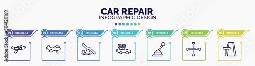 infographic for car repair concept. vector infographic template with icons and 7 option or steps. included watercraft, small plane, aircraft stairs, travel baggage, gearshift, cross wrench, road