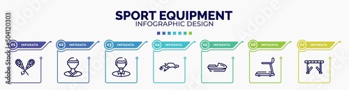infographic for sport equipment concept. vector infographic template with icons and 7 option or steps. included lacrosse, judoka, polo player, autocross, speedboat, cardio, hurdle editable vector.