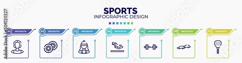 infographic for sports concept. vector infographic template with icons and 7 option or steps. included kickboxer, pit, horsewoman, null, barbell, chase, padel editable vector.
