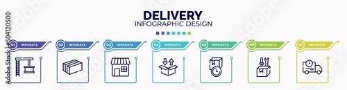 infographic for delivery concept. vector infographic template with icons and 7 option or steps. included container crane, cardboard box with packing tape, retail store, delivery packaging box,