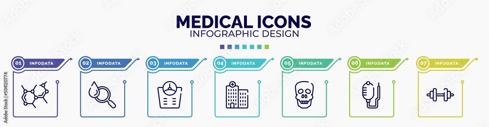 infographic for medical icons concept. vector infographic template with icons and 7 option or steps. included biology shape, blood analysis, bathroom scales, hospital, human skull, health drip,
