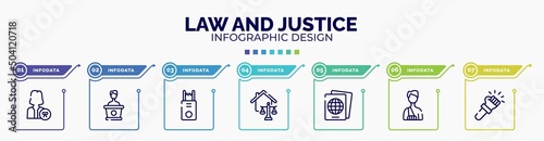 infographic for law and justice concept. vector infographic template with icons and 7 option or steps. included attorney, counsel, electroshock weapon, real estate law, immigration, accident and
