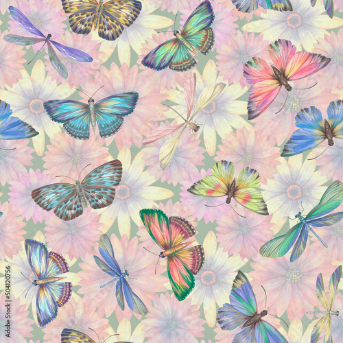 Seamless watercolor background. Butterflies and dragonflies on a background of flowers. Colorful botanical background for design, textiles, wallpapers.
