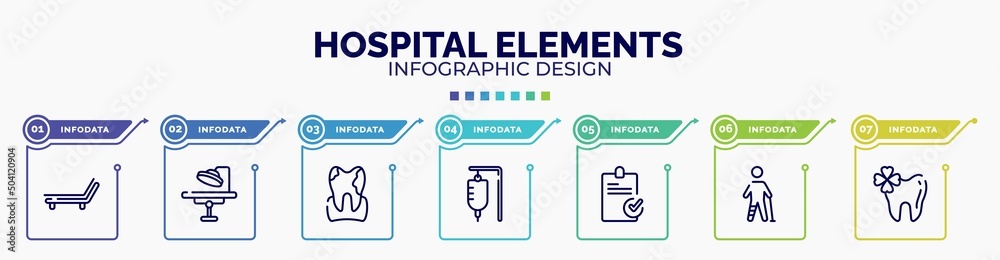 infographic for hospital elements concept. vector infographic template with icons and 7 option or steps. included deckchair, operating room, plaque, serum bag, stais, injured leg of man, trebol infographic for hospital elements concept. vector infographic template with icons and 7 option or steps. included deckchair, operating room, plaque, serum bag, stais, injured leg of man, trebol