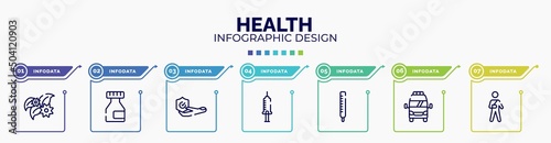 infographic for health concept. vector infographic template with icons and 7 option or steps. included flower therapy, medicine flask, travel insurance, hospital syringe, thermometer reading