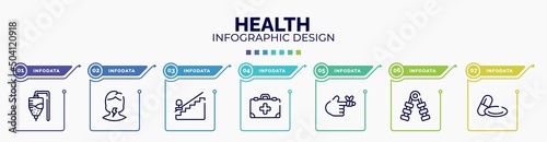 infographic for health concept. vector infographic template with icons and 7 option or steps. included medicine hanging bag, sore throat, null, medicine kit with first aid, bandaged hurt finger,