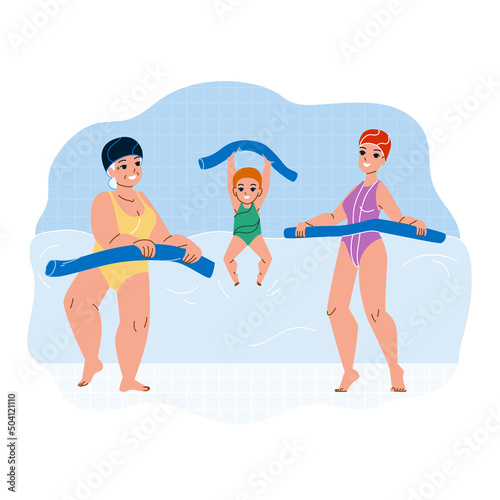 Aqua Aerobics Exercise Make Family Together Vector. Daughter, Mother And Grandmother Women Exercising Aqua Aerobics In Swimming Pool. Characters Sport Activity Flat Cartoon Illustration