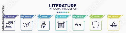 infographic for literature concept. vector infographic template with icons and 7 option or steps. included elearning, treason, x ray, cradle, equation, jump rope, fort editable vector.