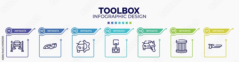 infographic for toolbox concept. vector infographic template with icons and 7 option or steps. included car lift, headlights, car service, piston, car painting, oil filter, carpenter saw editable infographic for toolbox concept. vector infographic template with icons and 7 option or steps. included car lift, headlights, car service, piston, car painting, oil filter, carpenter saw editable