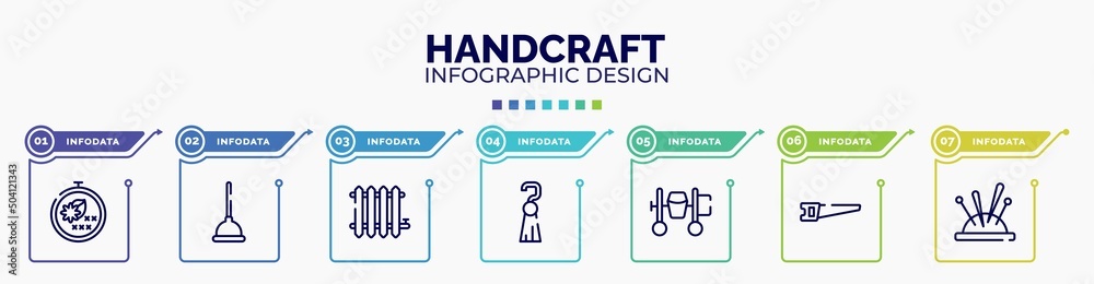 infographic for handcraft concept. vector infographic template with icons and 7 option or steps. included cross stitch, plunger, radiator, tassel, cement mixer, hacksaw, needle holder editable infographic for handcraft concept. vector infographic template with icons and 7 option or steps. included cross stitch, plunger, radiator, tassel, cement mixer, hacksaw, needle holder editable