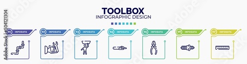 infographic for toolbox concept. vector infographic template with icons and 7 option or steps. included junction, side mirror, null, sharp chainsaw, repair pliers, spark plug, school ruler editable