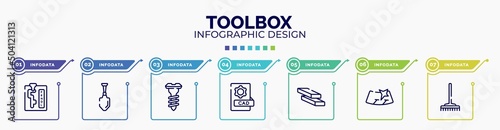 infographic for toolbox concept. vector infographic template with icons and 7 option or steps. included automatic transmission, gardening palette, screw, cad, firewood trunks stacked, windshield,