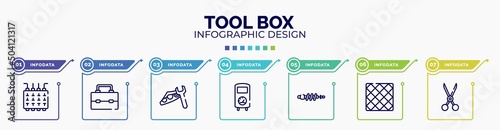 infographic for tool box concept. vector infographic template with icons and 7 option or steps. included fuse box, lunchbox, headlight, boiler, suspension, tile, shears editable vector.