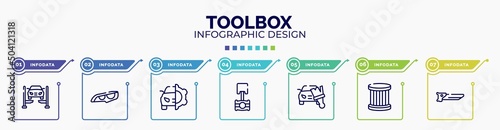infographic for toolbox concept. vector infographic template with icons and 7 option or steps. included car lift, headlights, car service, piston, car painting, oil filter, carpenter saw editable