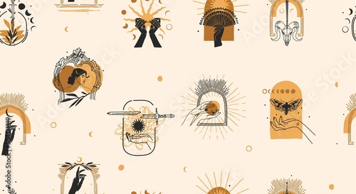 Hand drawn vector abstract stock flat graphic illustration with logo element,bohemian magic line art seamless pattern of woman hand,gold sun,star and moon phase in simple style,feminine astrology.