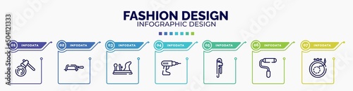 infographic for fashion design concept. vector infographic template with icons and 7 option or steps. included woodcutter, fretsaw, wood plane, hand drill, hand tool, painted, embroidery editable
