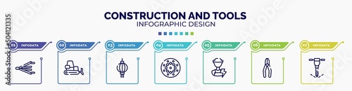 infographic for construction and tools concept. vector infographic template with icons and 7 option or steps. included bellows, dozer, paper lantern, beadwork, electrician, crimping pliers, puncture