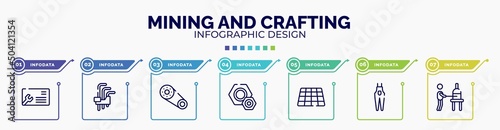 infographic for mining and crafting concept. vector infographic template with icons and 7 option or steps. included business cards, hex key, timing belt, knot, tiles, overalls, glassblowing editable