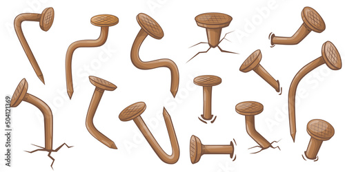 Cartoon bent rusty nails. Set of Isolated old steel metal nails. Carpentry concept isolated on white background. Construction vector illustration