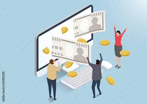 アイソメトリック_パソコンからお金が出て喜んている人々